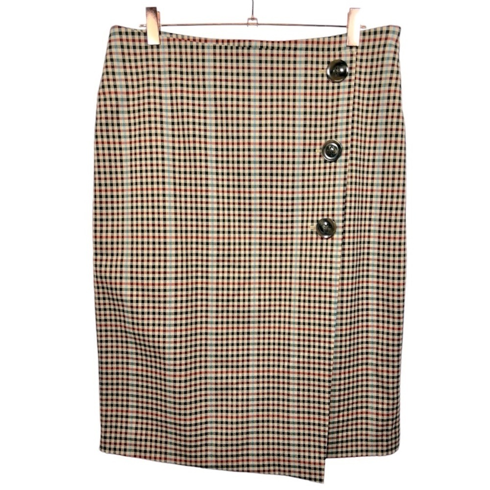 Womens Beige Plaid Pencil Skirt with Button Detail